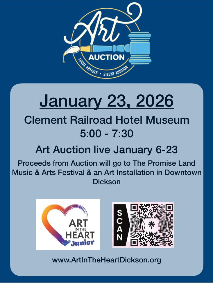 Graphic promoting the Art in the Heart auction event on January 23, 2026, at the Clement Railroad Hotel Museum, highlighting event details and QR code.