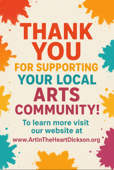 A colorful thank you poster expressing gratitude for supporting the local arts community, featuring vibrant splashes of color and bold text.