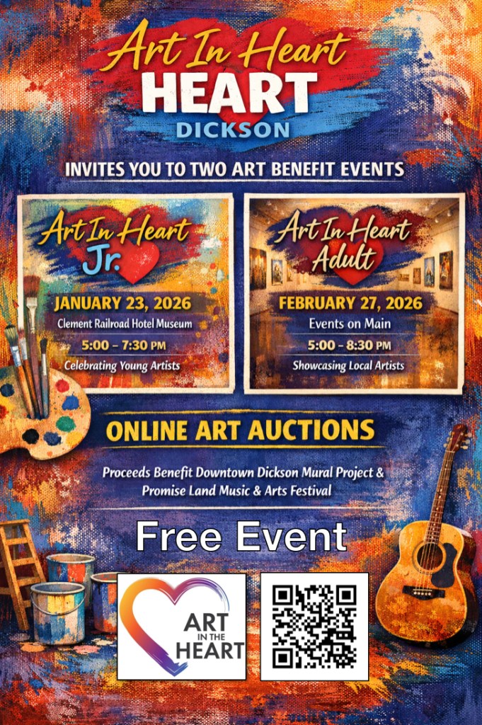 Promotional poster for 'Art In Heart' events in Dickson featuring dates, locations, and details about art auctions to benefit local projects.
