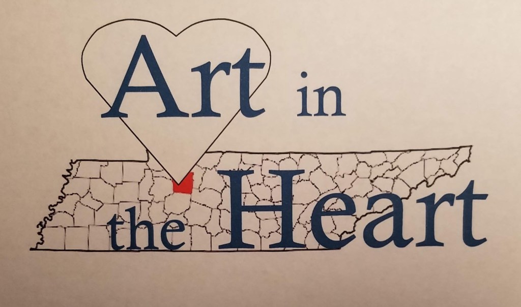 Graphic design featuring the phrase 'Art in the Heart' with a heart shape and a map outline of Tennessee.